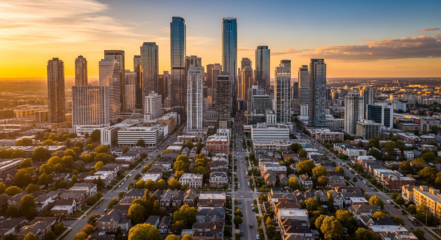 Aerial view of vibrant neighborhood